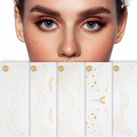 AUSLKA Glitter Freckles Face Tattoo, Glod Face Glitter Makeup Speckles 5 Styles in a Pack, Face Glitter Freckles Tattoos for Women, Gold Freckles Patch for Holiday Dance Music Party, 10 Sheets