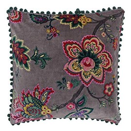 Riva Paoletti Palampur Cushion Cover - Mink Purple - Indian Floral Print - Faux Velvet Fabric - Pink Pompom Edges - Machine Washable - 100% Cotton - 50 x 50cm (20" x 20" inches)