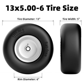 RONPOW 13x5.00-6 Flat Free Lawn Mower Tire, Zero Turn Mower Front Tires, 13x5x6 Solid Mower Wheel for Residential and Commercial, 3/4" & 5/8" Bearing, 3.25"-5.9" Center Hub, 2Pack Gray, 500Lbs