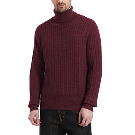Kallspin Men's Turtleneck Wool Blend Turtleneck Pullover Relaxed Fit Long Sleeve Cable Knit Jumper, burgundy