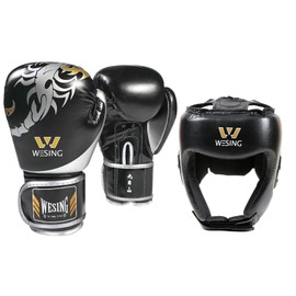 WESING Martial Arts Headgear Gloves Set Boxing Headgear 10oz Boxing Gloves for Men Women Kickboxing Sparring Training (Black, XX-Large)