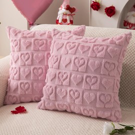 DFXSZ Valentines Pillow Covers 18x18 inch Set of 2 Valentines Day Decoration Pink Heart Soft Plush Faux Fur Jacquard Throw Pillows for Bedroom Sofa Holiday Festivals Home Decor PTK018B18
