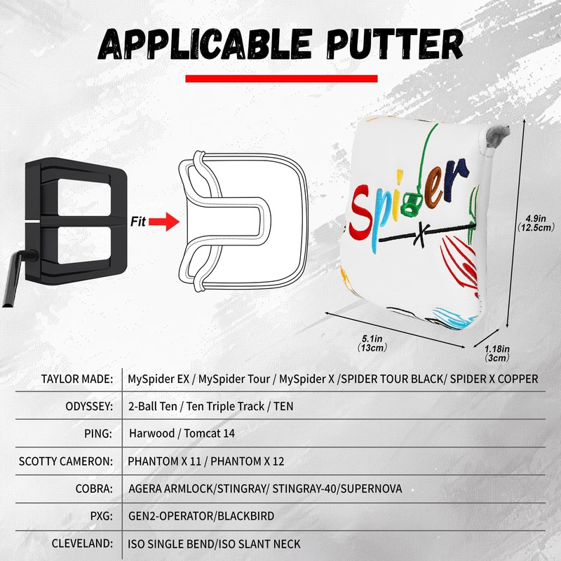 Golf Square Mallet Putter Cover Magnetic Heel-Shaft Headcovers Colorful Spider