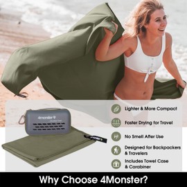 4Monster Toalla de viaje de secado rápido con funda y mosquetón, toalla de microfibra súper absorbente para gimnasio y camping. Compacto, ligero, secado rápido para playa, natación, senderismo