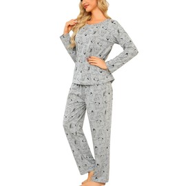 ENJOYNIGHT Womens Pajama Set Cotton Long Sleeve Pjs Two Piece Sleepwear with Pockets (Medium, Grey Cat)