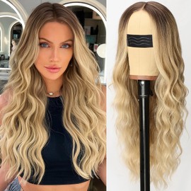 Nnzes Long Blonde Wavy Wig for Women Middle Part Curly Wigs Natural Looking Ombre Blonde Synthetic Heat Resistant Fiber Women Wigs for Daily Party Use