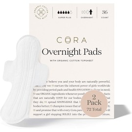 Cora Ultra Thin Organic Cotton Period Pads, Overnight Absorbency, with Wings & Dry Wicking Technology (New 72 Count)