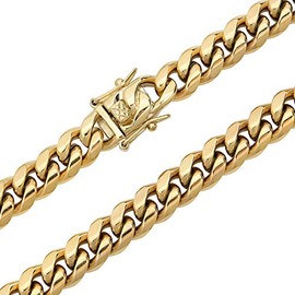 HarlemBling Mens Heavy Miami Cuban Link Chain - 10mm Thick - 18" Choker - 30" Long All Lengths - 14k Yellow Gold Plated Stainless Steel (24)