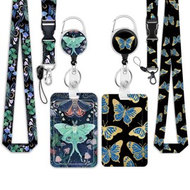 2 Pack Butterfly Lanyards for Id Badges, Retractable ID Badge Holder with Detachable Lanyard Cartoon Frog Duck Cat Dog Animal Flower Lanyard Holderfor Bus Office Teacher (Pattern 7)
