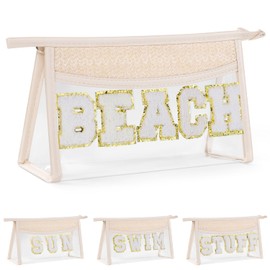 Etercycle Boho Patch BEACH Makeup Bag, Clear PVC Travel Toiletry Bag Waterproof Beach Bags for Women, Small Chenille Letter Bag With Zipper for Beach Travel Essentials