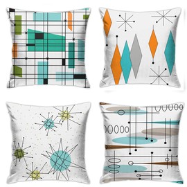 DZGlobal Mid Century Pillow Covers 18 x 18 Set of 4 Midcentury Modern Throw Pillow Cover Teal Grid Pillowcase Atomic Starburst Orange Pillow Cases Home Decor Cushion Covers
