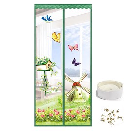 Magnetic Fly Screen Door Heavy Duty Windproof Anti Mosquito Mesh Curtain with Magic Tape No Punch Lace Decorative Embroidery Pattern Curtain Keeps Bugs & Insects Out (90x210CM, Green Windmill)