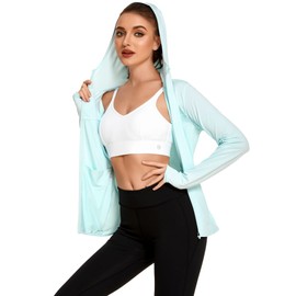 COOrun - chamarra con capucha para mujer, con protección solar UPF 50+, ligera, con cierre completa, con agujeros para el pulgar, Azul traslúcido, M