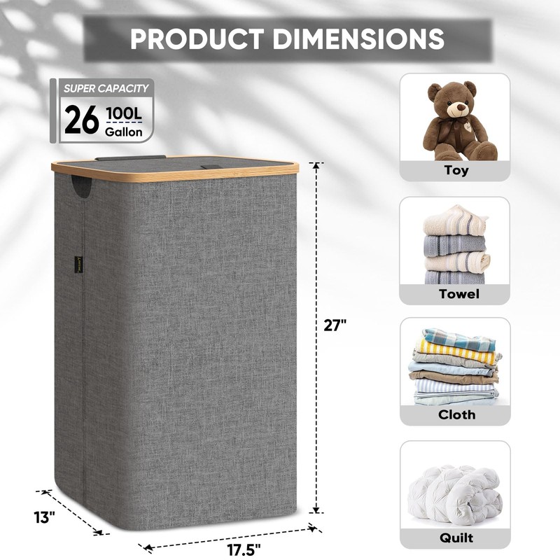 BALEINE Laundry Hamper with Lid, Tall Laundry Baskets with Bamboo