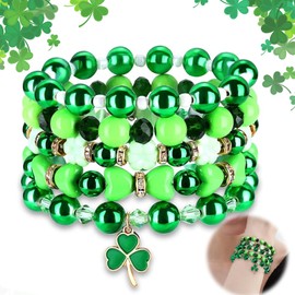 Afoxon 5 Pack St. Patrick's Day Beaded Bracelets Shamrock Green Pink Bracelets Jewelry Festive Gifts for Kids Women(5 Green Bracelets)