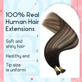 Ugeat I Tip Hair Extensions Real Human Hair Natural Black Balayage Medium Brown Ombre Caramel Brown Itip Hair Extensions Silky Straight Real Human Hair Extensions Pre Bonded 16 Inch 50s
