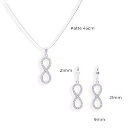 Infinity Pendant Necklace Jewelry Set, Necklace and Earrings Made of 925 Silver