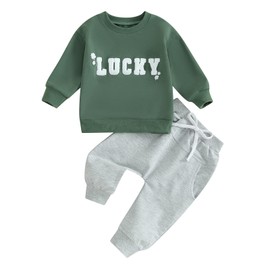 Toddler Baby Boy St. Patrick's Day Outfit Mama's Lucky Charm Sweatshirt and Jogger Pants Set Irish Outfit (Green-Lucky Letters, 2-3 Years)