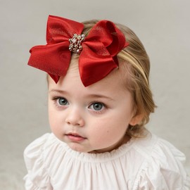 Yheahin Baby Girls Ribbon Bow Elastic Nylon Headband with Crystal Crown Toddler Bow-knot Stretchy Hair Band Birthday Party Hair Bow Accessories for Newborn Infant (Red, Elastic)