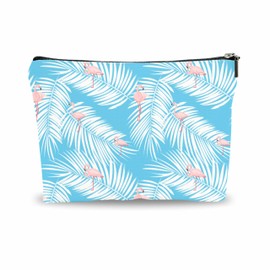Summer Makeup Bag Gift, Palm Leaves & Flamingo - Tropical Blue Cosmetic Bag Gifts, Vacation Toiletry Bag, Besties, Coworkers Gift, Women Accessories - (A031)