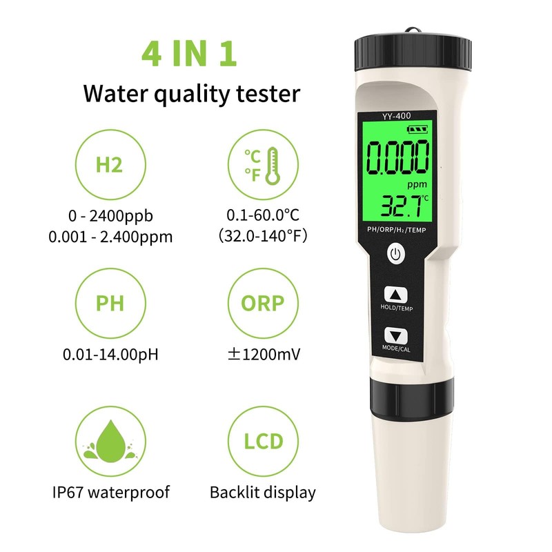 YIYEGO pH Meter, 4-in-1 pH ORP H2 TEMP Tester, Acqua