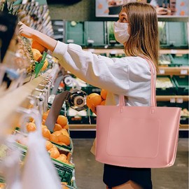 Fancy Forest Basic Tote Bag for Women Vegan Leather Hard - Stiff & Slim Shoulder Bag 18L Purse with Zipper for Work Travel, Pink, Medium