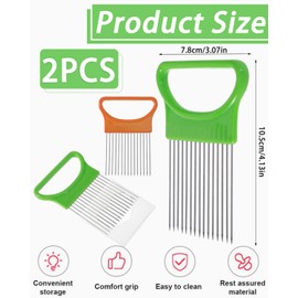 TPZORJX 2 x Onion Cutter, Potato Cutter, Stainless Steel Onion Cutter, Holder Food Slice Assistant, Kitchen Gadgets, Vegetable Cutter, Cutting Auxiliary Tool (Green + Orange)