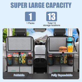 Plzpik Car Backseat Organizer with Tablet Holder,11 Storage Pockets with Foldable Food Tray, Protector Kick Mats for Kids, Travel Accessories Organizer-Gray 1 Pack