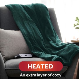 Sunbeam Electric Throw Royal Luxe Microplush Heated Blanket, 4 Heat Settings, 4-Hour Auto Shut-Off, Fast Heating, Warm and Cozy, Botanical Green Color, 50" x 60"