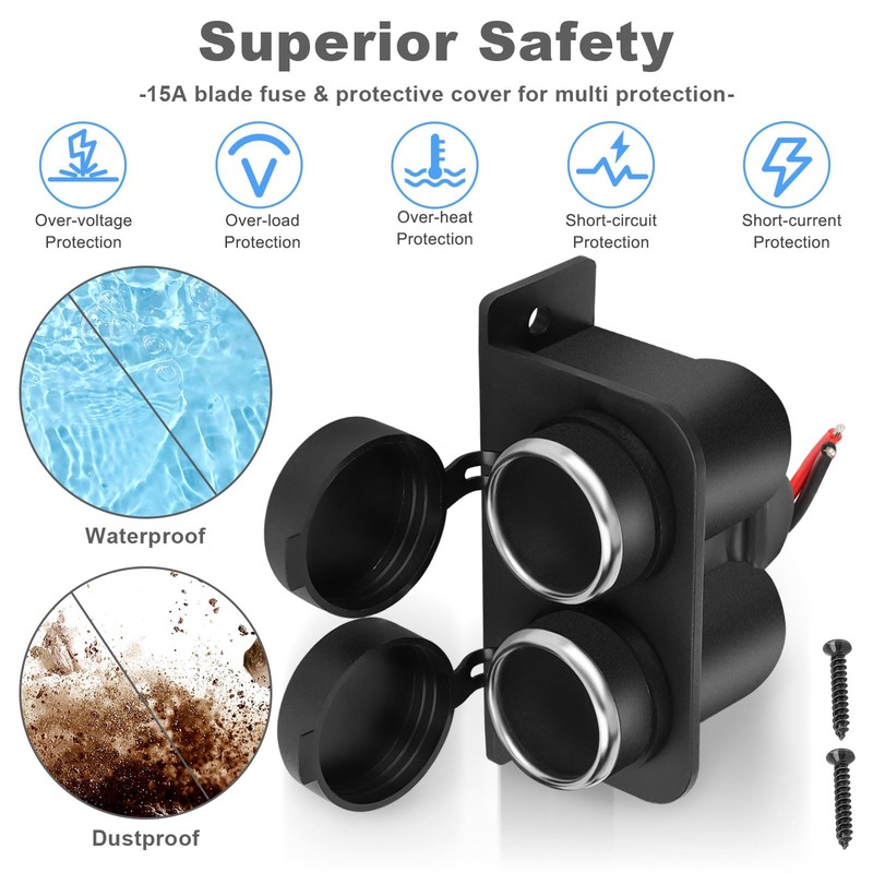 1PCS Cigarette Lighter Socket with Blade Fuse, 2-Socket Cigarette Lighter