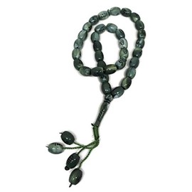 Muslim 10mm. Tasbih 33 Beads AMN-239 Islam Prayer Rosary with Allah Muhammad Arabic Names Engraved on Islamic Religious Eid Ramadan Gift (Green_Oval)
