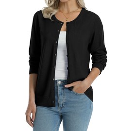 QUALFORT Women's 100% Cotton Cardigans Soft Lightweight Long Sleeve Knitted Crewneck Button Down Sweater Black Small