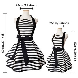 Violet Mist 2 Pack Cute Vintage Matching Aprons for Women Girls Black Striped Retro French Maid Apron Adjustable Parent and Child Apron Lovely Ruffle Kitchen Cooking Mommy and Me Matching Set Gifts