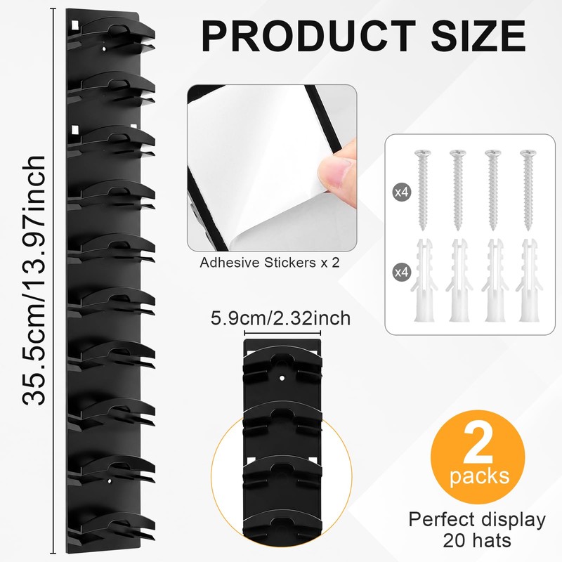 QEEYON 2 Pack Hat Organizer For Baseball Caps, Wall Mounted
