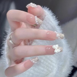 24PCS with Nail Glue Press On Nails, Stick On Nails for Women Girls, Short Long Almond Square Ballet Shape Fake Nails (White Pearl Glitter)