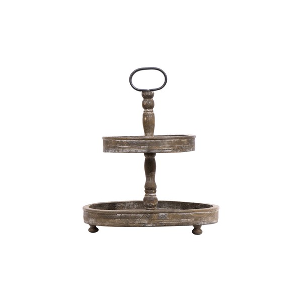Distressed Brown Wood 2-Tier Tray with Metal Handle