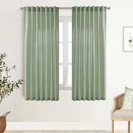 XTMYI Sage Green Sheer Curtains 63 Inch Length for Living Room,Boho Rod Pocket Light Filtering Linen Semi Transparent Bedroom Curtains Drapes 63 Inches Long 2 Panels Set for Bathroom Window Kitchen