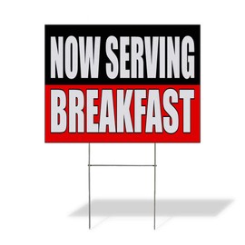 Weatherproof Yard Sign Now Serving Breakfast Food Fair Promotion Red Lawn Garden Bed and 24x18 Inches 2 Sides Print