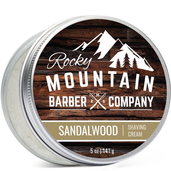 Shaving Cream for Men with Sandalwood Essential Oil - Thick Lather for Traditional and Cartridge Shaving - by Rocky Mountain Barber Company – 5oz Tin