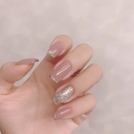 Press On Nails Long Medium Coffin Fake Nails Full Cover Glitter French Tip Fake Nails with Glossy Acrylic False Nail for Women and Girls 24Pcs