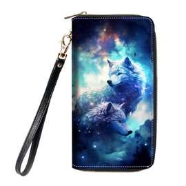 BXIKEOPIU Women's Large Capacity Wallet, Portable PU Leather Zipper Wallet for Smart Phone/Card/Coin/Cash, Multifunctional Clutch Wallet with Removable Wristlet Strap, White Wolf