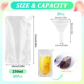 30 Packs Clear Drink Pouches for Festivals, 250ml Liquid Pouches with Spouts and Funnel, Stand Up Leak Proof Plastic Hip Flask for Parties, Picnic, Travel, Sports