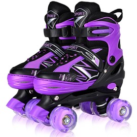 SYXKJ Boys Girls 4 Size Adjustable Kids Roller Skates for Children Toddlers Beginner with All Light Up Wheels, Birthday Gift for Outdoor Indoor Sports (Black Purple, Medium)