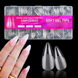 Doneace Short Almond Nail Tips,600Pcs Soft Gel Nail Tips, 12 Sizes Pre-shaped Half Matte Full Cover Acrylic Gel Kit False Nail Tip Press on Nails for Nail Extension DIY Salon