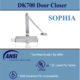 SOPHIA Commercial Door Closer Grade 2, Automatic Door Closer DK700, Hydraulic Auto Door Closer for Home & Light Commercial Property (Size 3), ADA & UL, Silver Aluminum