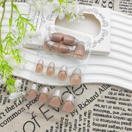 Almond Press on Nails Short Fake Nails with Gold Line Designs Glossy Glue on Nails White French Tip Nails Press ons Nude Acrylic Nails Daily Wear Natural Stick on Nails for Women 24Pcs