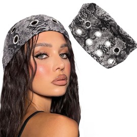 Aushamtai Grommet Headband Hollow Out Eyelets Headband Goth Elastic Mental Headbands for Women Punk Grunge Y2k Snake Pattern Fashion Girls Trendy Hippie Headbands Hair Accessories Non Slip
