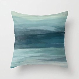 FJTP Seafoam Green Mint Navy Blue Abstract Ocean Art Painting Flax Cotton Hidden Zipper Throw Pillow Covers 22x22 in (Two Sides)