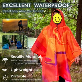 QIANQUHUI Waterproof Rain Poncho Lightweight Reusable Hiking Hooded Coat Jacket Unisex Raincoat for Hiking Camping Emergency (Gradient Orange-Yellow)