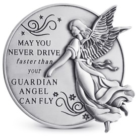 Guardian Angel Visor Clip For Car: (Set of 2) 2-1/4 Inch Diameter Metal, Reads MAY YOU NEVER DRIVE FASTER THAN YOUR GUARDIAN ANGEL CAN FLY, Best Parents Gift Idea for New Driver & Loved Ones Cars (1)